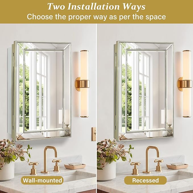 Medicine Cabinet with 16.2"x26" Mirror, Removable Shelves, Recessed or Wall Mounted Bathroom Cabinet, Silver Bathroom Vanity Mirrors for Over Sink with Storage