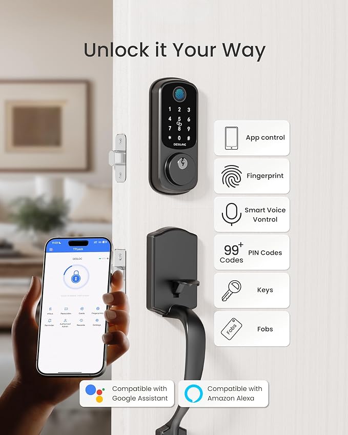 DESLOC B200 Keyless Entry Door Lock with Handle Set, Smart Locks for Front Door, Deadbolt Smart Lock, Front Door Locks Set, Electronic keypad Deadbolt with Handle, 12 Months Battery, IP54