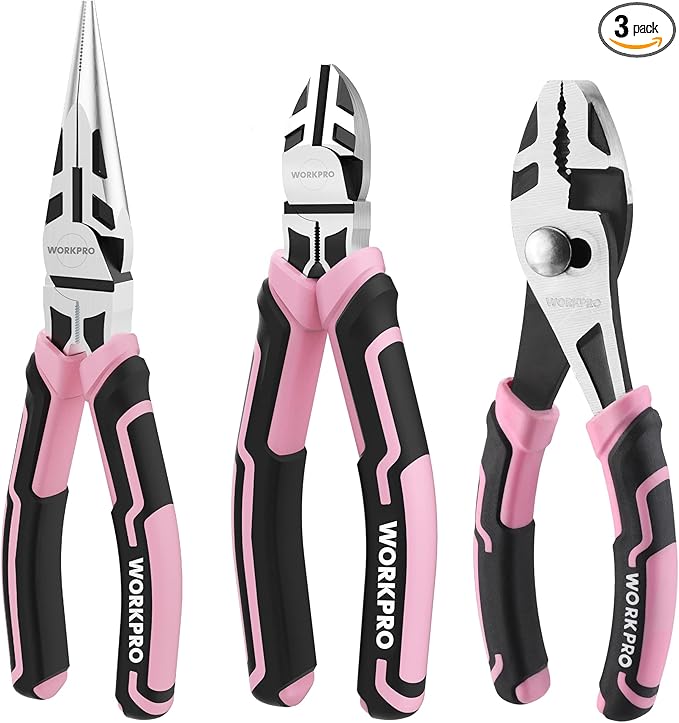 WORKPRO 3-Piece Pliers Set, Pink Tool Set Including Needle Nose & Diagonal Cutting & Slip Joint Pliers for Plumbing, Automotive and General Applications - Pink Ribbon