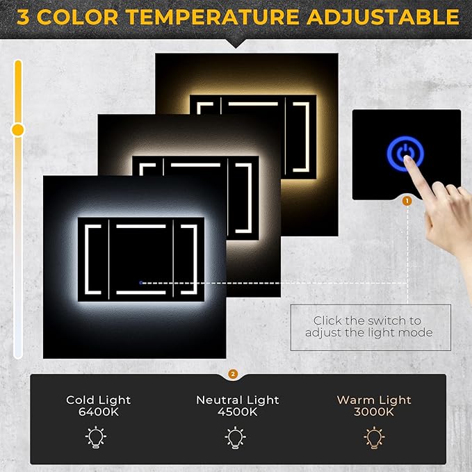 Hasuit Lighted Medicine Cabinet with Mirror, Wall Mounted Bathroom Mirror with Storage, 3 Doors Bathroom Wall Cabinet with LED Lights, 39.4'' x 23.6''