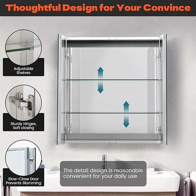Medicine Cabinet with Mirror Door&Adjustable Shelves, Wall-Mounted Rectangular Medicine Cabinet Beveled Edge Frame, Dual Mirror Doors, 30" x 31.5"x 4.7"