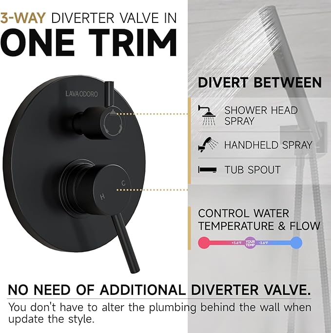 Lava Odoro Modern 3-Setting Round Rain Bathtub and Shower Faucet Set, Black Rainfall Shower Head and Handle Set, Rain Shower System with Tub Spout, Shower Valve Trim Kit, Matte Black, SF104-MB-T