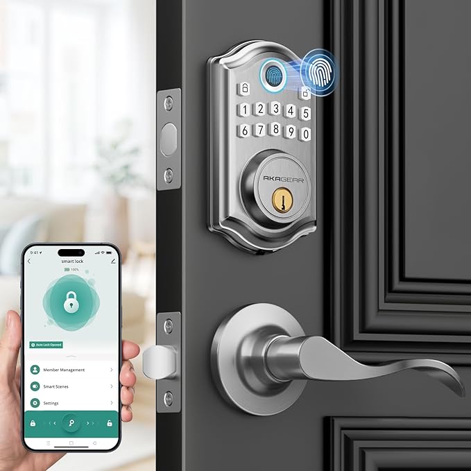 DS10 Pro Keyless Entry Door Lock with Handle - 2 Lever Handles, Bluetooth APP Control, Fingerprint Door Locks, Electronic Keypad Deadbolt Lock, Smart Doors Lock, Auto-Lock, Satin Nickel