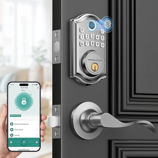 DS10 Pro Keyless Entry Door Lock with Handle - 2 Lever Handles, Bluetooth APP Control, Fingerprint Door Locks, Electronic Keypad Deadbolt Lock, Smart Doors Lock, Auto-Lock, Satin Nickel