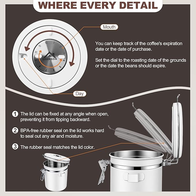 ShanSon Coffee Canister Airtight Coffee Container Stainless Steel Coffee Bean Storage Container with Scoop Coffee Canister for Beans Grounds Sugar Flour Tea Cereal,16OZ, White