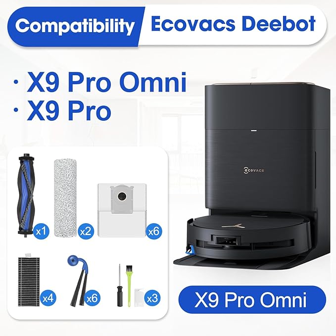 X9 Pro Omni Accessories for ECOVACS X9 PRO OMNI / X9 OMNI Replacement Parts Accessory Kit 2 Anti Tangle Main Brush 2 Roller Mop 6 Dust Bags 6 Side brush 4 Filter 1 Cleaning Brush