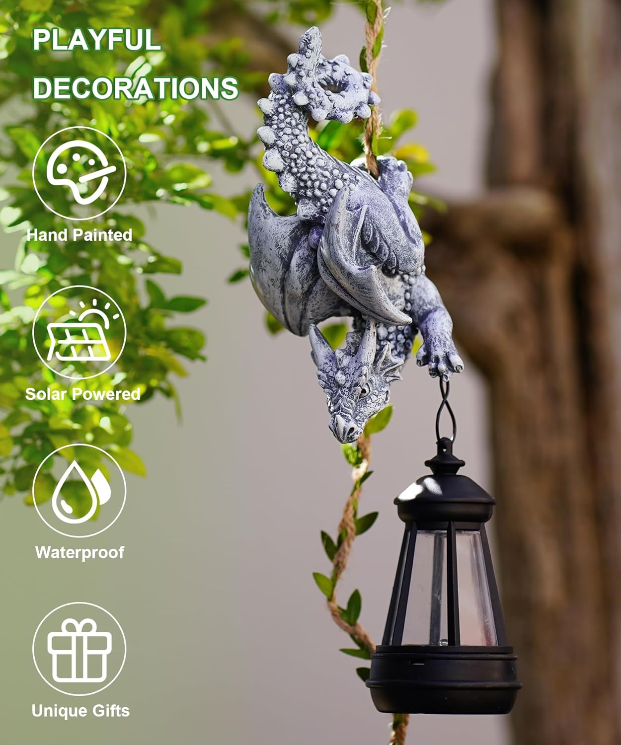 Solar Dragon Figurine Garden Statue: Outdoor Hanging Climbing Ornament with Lantern for Yard Art Lawn Balcony Patio Porch Decor- Birthday Gifts for Mom Women Father