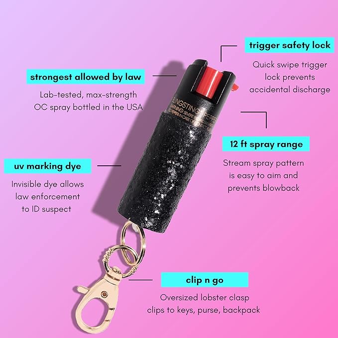 BLINGSTING 3-in-1 Women's Safety Kit - Professional Grade Pepper Spray - High Voltage Mini Stun Gun - Self-Defense Security Alarm - UV Dye - Glitter