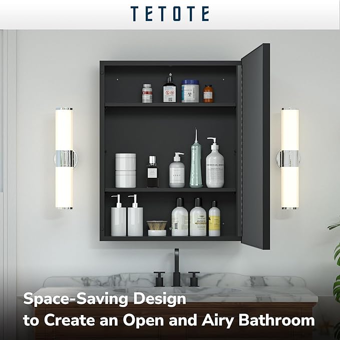 TETOTE 60x30 Inch Black Medicine Cabinet Mirror for Bathroom Aluminum Framed Surface or Recessed Wall-Mounted Medicine Cabinets Beveled Mirror with Storage 3 Door Modern Farmhouse