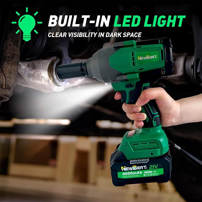 NEWBEAT Cordless Impact Wrench, 1/2 inch Impact Gun, Electric Impact Wrench Max Torque 800 N.m, 21V Brushless with 2 * 4.0Ah Battery and Charger, Power Impact Driver Tools for Men