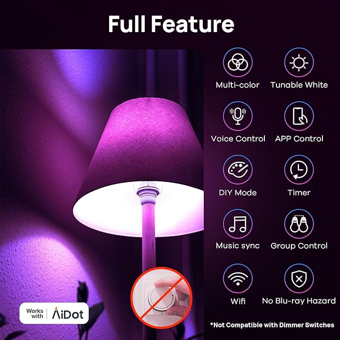 Linkind Matter Smart Light Bulb, Smart Bulbs Work with Apple Home, Siri, Alexa, Google, SmartThings, LED RGBTW Color Changing Bulbs Music Sync,A19 E26 60W 800LM, 2.4GHz WiFi Only, 4 Pack
