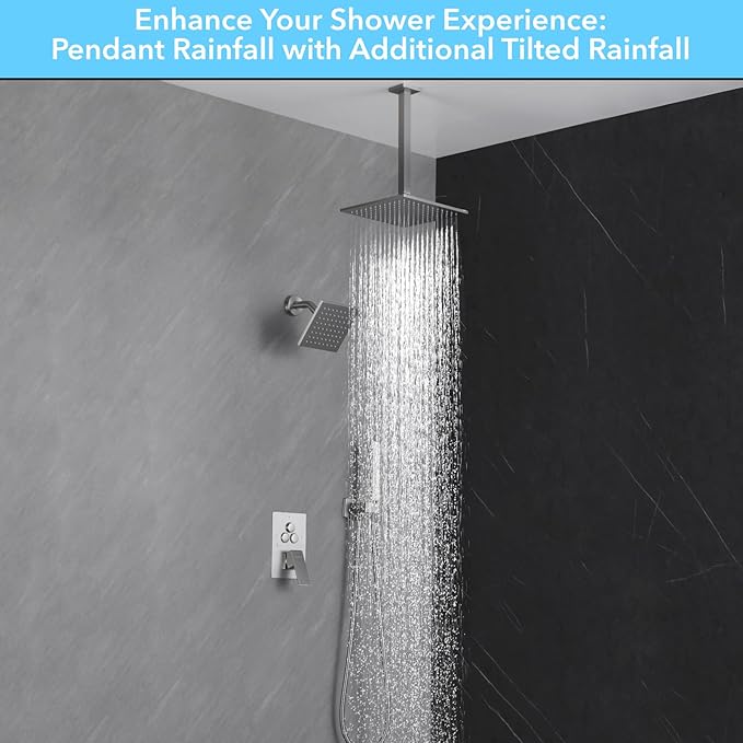 VANFOXLE Shower Faucet Set Brushed Nickel Shower System,Push Button Diverter Shower Faucet with 2 in 1 Handheld,Ceiling Mount Increased Thickness 10 Inch Shower Head with 6 Inch Wall Mount Shower Head