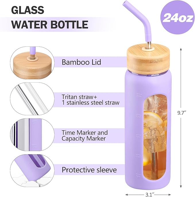 Glass Water Bottles with Straw -24oz- Water Bottle Phone Holder for Gym Sports Water Bottles with Silicone Sleeve Glass Drinking Bottles 2 Lids - Spout & Bamboo Straw Lid(Purple)