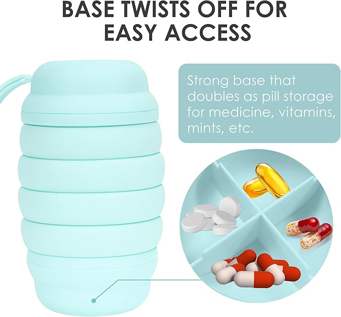 Collapsible Water Bottle, 16 oz. Reusable Water Bottle, Travel Water Bottle, Pill Storage, On the Go, Outdoors, Silicone Water Bottle, BPA Free, Vitamin Storage. (Cyan)