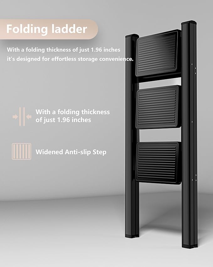 Step Ladder 3 Step Folding, Sturdy 330 Lbs Small Step Stool for Adults, Closet Step Stool Ladder with Anti-Slip Wide Pedals, Portable Folding Ladder for Home Kitchen Office