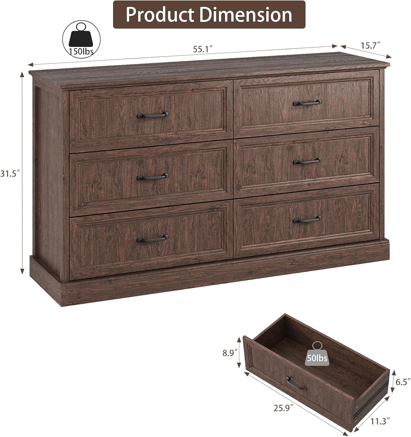 Farmhouse 6 Drawer Dresser for Bedroom, 55 Inch Wide Modern Brown Dresser TV Stand with Large Drawers & Bar Handles, Rustic Wood Chest of Drawers for Bedroom, Living Room, Hallway, Entryway.