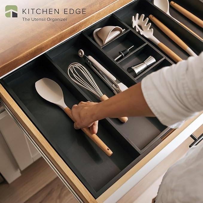 KitchenEdge Adjustable Kitchen Drawer Organizer for Utensils and Junk, Food-Safe Contract Grade with 100% Sustainable Wood, Expandable from 19 to 33 Inches Wide - Black Bamboo