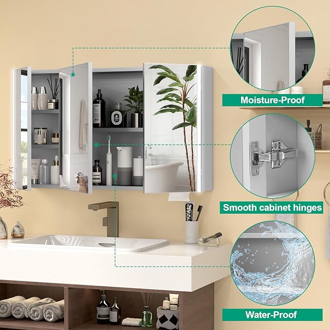 40x24 Inch Medicine Cabinet with Light, AL Alloy Frame, Full-Assembled Bathroom Mirror Cabinet with Brightness Adjustable and Storage Shelves, Led Medicine Cabinet with Recessed or Wall Mount,Sliver