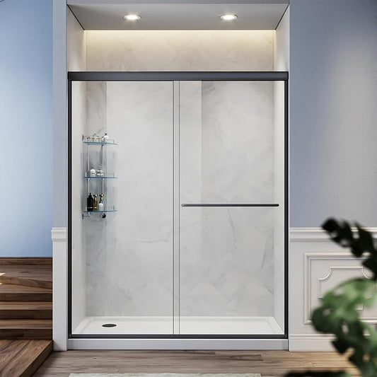 SUNNY SHOWER Glass Shower Door Frameless Double Sliding Shower Glass Door, 1/4 inch Clear Glass Shower Panel, Stainless Steel Hardware, Bathroom Sliding Door, Black Finish 46.5-48 in.W x 72 in.H