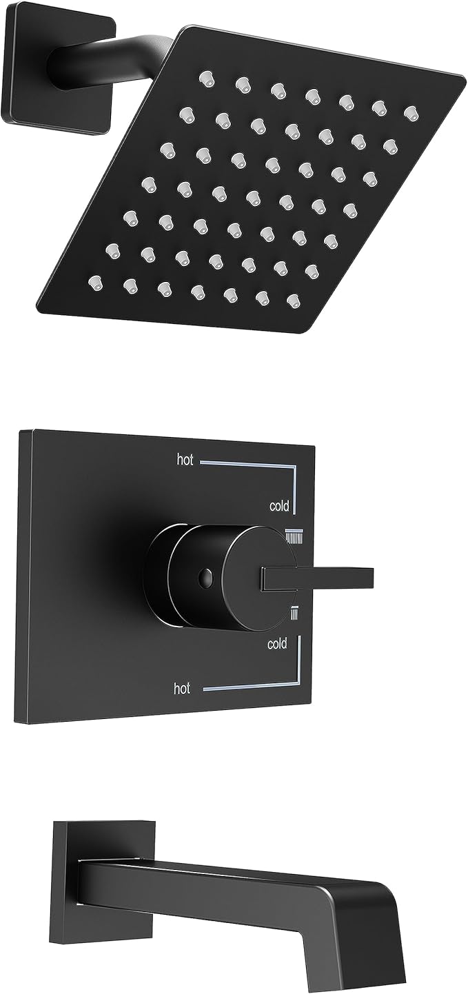 Shower Fixtures, Black Shower Faucet Set with 6 Inch Matte Black Shower Head and Tub Spout, Black Shower Head and Handle Set (Valve Included)