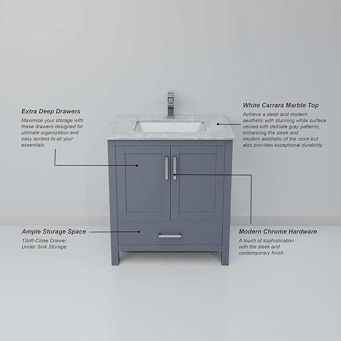 Big Sur 30 in. W x 22 in. D Dark Grey Bath Vanity and Carrara Marble Top