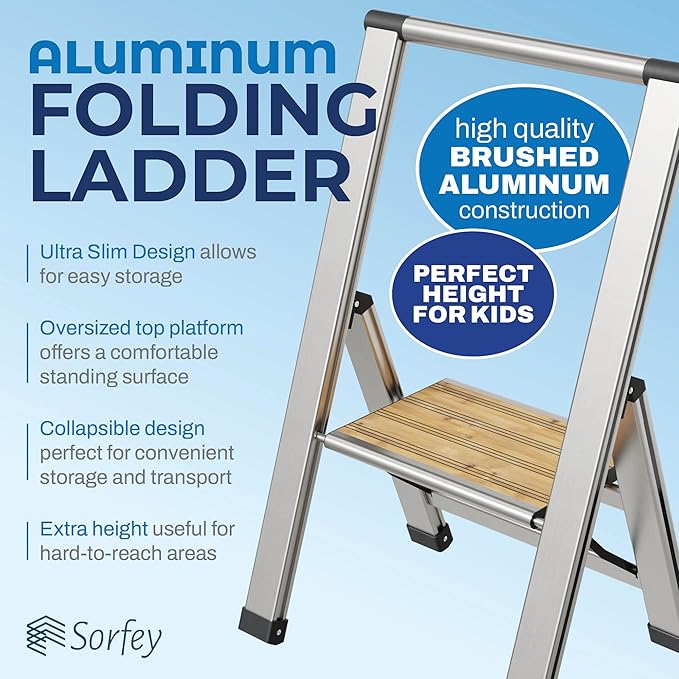 Step Ladder 1 Step Folding, Decorative - Beautiful Bamboo & Silver Aluminum, Ultra Slim Profile, Anti Slip Steps, Sturdy-Portable for Home, Office, Kitchen, Photography Use,by SORFEY
