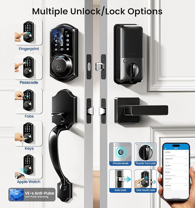 Veise VE07-H Fingerprint Smart Locks for Front Door with Handle Set, App Control, Keyless Entry Keypad Deadbolt, Digital Electronic Touchscreen, Easy Install, Auto Lock, Matte Black