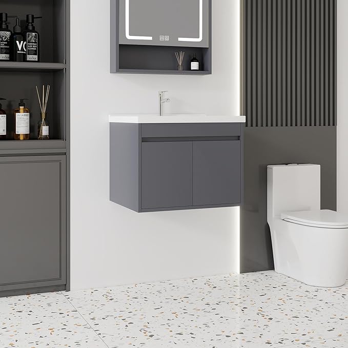 24'' Bathroom Vanity with Ceramic Sink Combo, Wall Mounted Small Bathroom Vanity with Soft-Close Door Modern Floating Cabinet, Pop-up Drain, P-Trap Included, Gray(No Faucet)