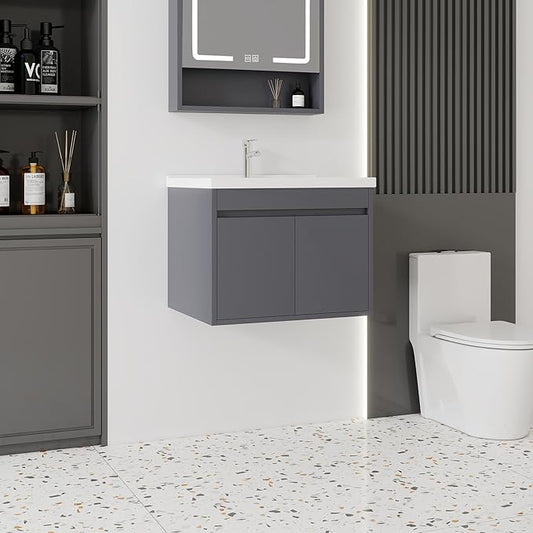 24'' Bathroom Vanity with Ceramic Sink Combo, Wall Mounted Small Bathroom Vanity with Soft-Close Door Modern Floating Cabinet, Pop-up Drain, P-Trap Included, Gray(No Faucet)