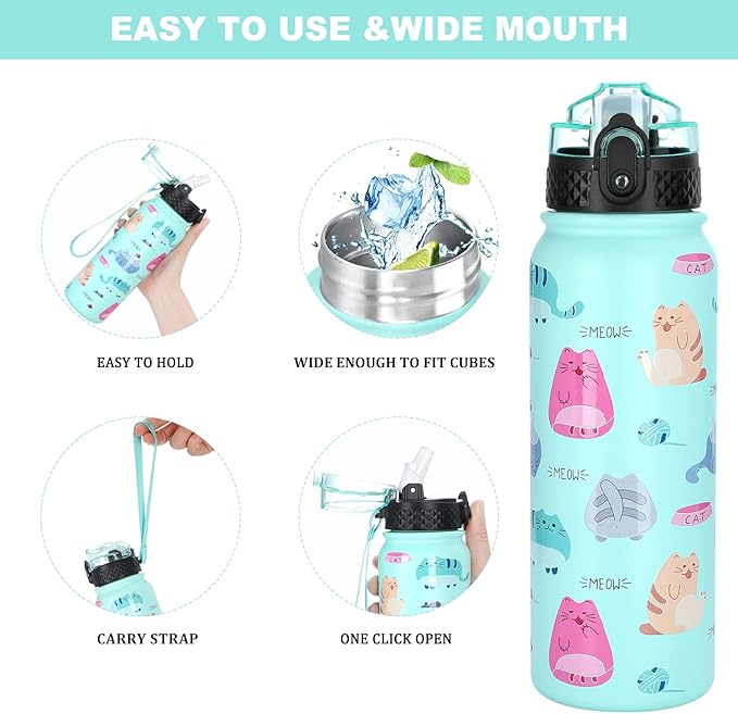 GOPPUS Kids Water Bottle with Straw Lid 20 oz Cat printing Double Walled Metal Insulated Stainless Steel Sports Water Bottles Leak Proof with Strap Handle for Boys Girls School(Green Cat 1 Lid)
