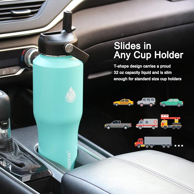 SENDESTAR Water Bottle 32oz,2 Lids(Straw lid),Wide Mouth Stainless Steel Vacuum Insulated Double Wall Keep Liquids Cold or Hot All Day,Sweat Proof Sport Design,Fit Car Cup Holder(Mint)