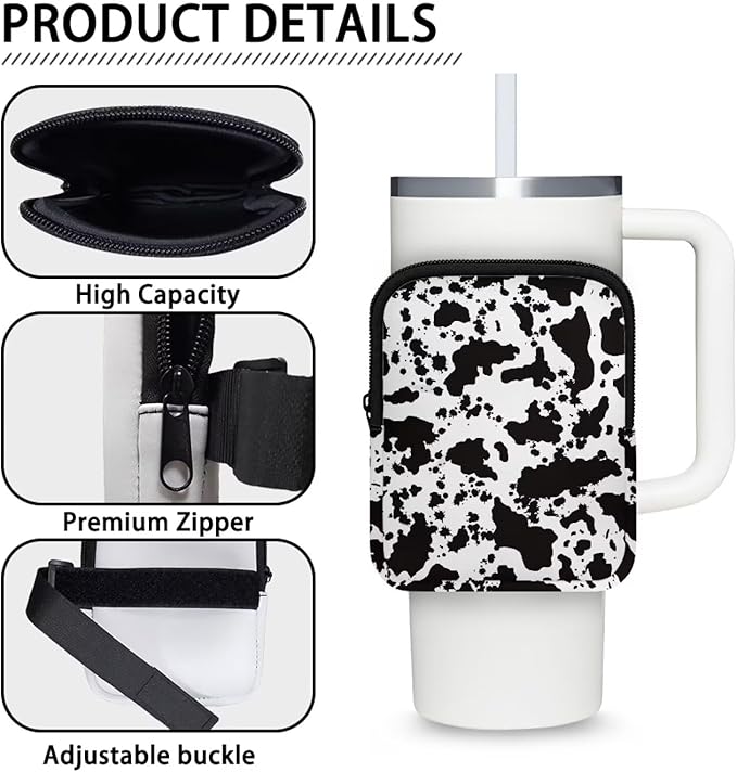 Water Bottle Pouch Cow Print Stanley Cup Pouches for 40oz Tumbler IceFlow Storage Pocket Stanley Phone Holder Gym Tumbler Accessories for Women