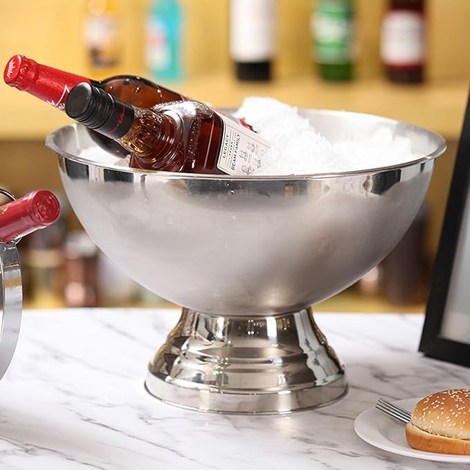 Large Ice Bucket 13L Stainless Steel Champagne Bowl Ice Bucket with Ice Scoop Semicircle Drink Tub with Integrated Base Silver Beverage Tub for Parties, Cocktail Bar, Chilling Wine,2Packs (1 pack)