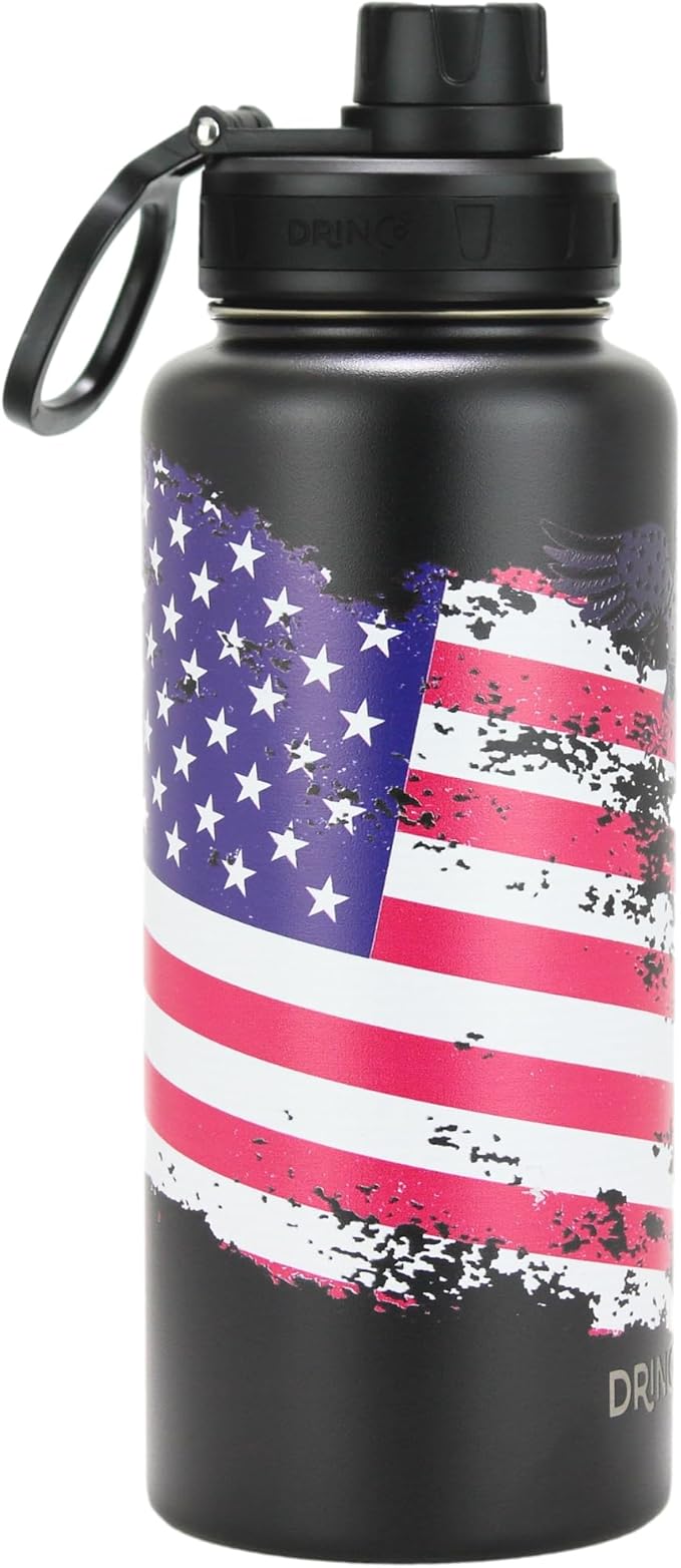 DRINCO Stainless Steel Water Bottle Spout Lid Vacuum Insulated Double Wall Water Bottle USA Flag Military Veteran (32oz US Flag Color Black, 32oz)