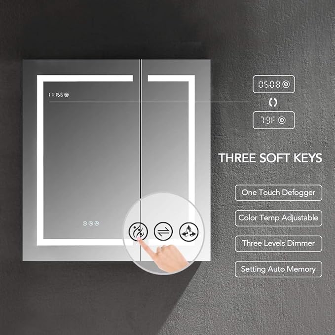 BLOSSOM Recessed or Surface LED Mirror Medicine Cabinet with Lights, LED Medicine Cabinet w/Defogger, Dimmer, 3X Makeup Mirror, Outlets & USB (30x32/Zoom Mirror)