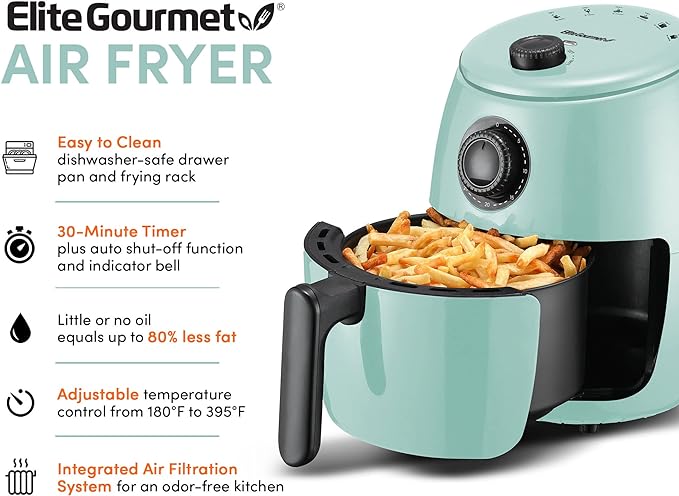 Elite Gourmet EAF-0201BL Personal Compact Space Saving Electric Hot Air Fryer Oil-Less Healthy Cooker, Timer & Temperature Controls, 1000W, 2.1 Quart, Mint