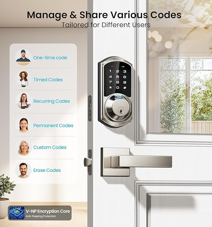 Veise VE07-L Fingerprint Smart Locks for Front Door with Zinc Alloy Handle Set, App Control, Keyless Entry, Electronic Digital Keypad Deadbolt, Auto Lock, Waterproof, Easy to Install, Matte Black