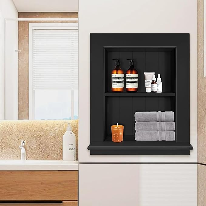 Royxen Bathroom Wall Cabinet with 2-Tier Shelves,Wooden Recessed Medicine Cabinet Over Toilet Storage Cabinet,Bathroom Cabinet Wall Mount for Home Storage, 14 x 18 Inch, Black