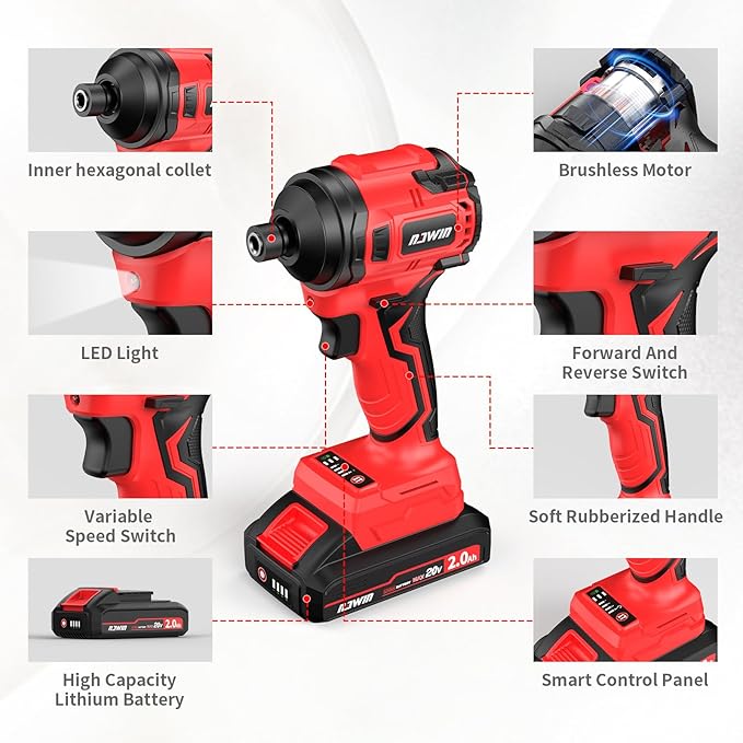 NAWIN Cordless Impact Driver Kit 20V Max Torque 240Nm（177ft-lbs）High Rotation Electric Impact Driver Brushless Motor Continuously Variable Rechargeable 1/4" impact driver 2.0Ah Batteries
