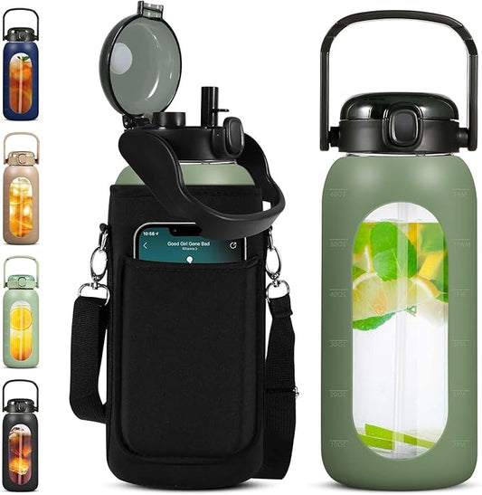 Glass Water Bottles 64 oz - Large Half Gallon Motivational Glass Water Bottle with Time Marker Straw Phone Holder Handle, 64oz Daily Water Intake Jug with Silicone Sleeve for Office Work Gym Olive