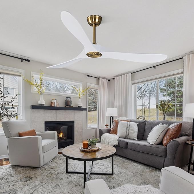 Bigzone 60" Indoor/Outdoor Ceiling Fan Without Light, Quiet Energy Saving DC Motor,3 White Balsa Wood Blades,Modern Ceiling Fan With Remote Control, Reversible Blades