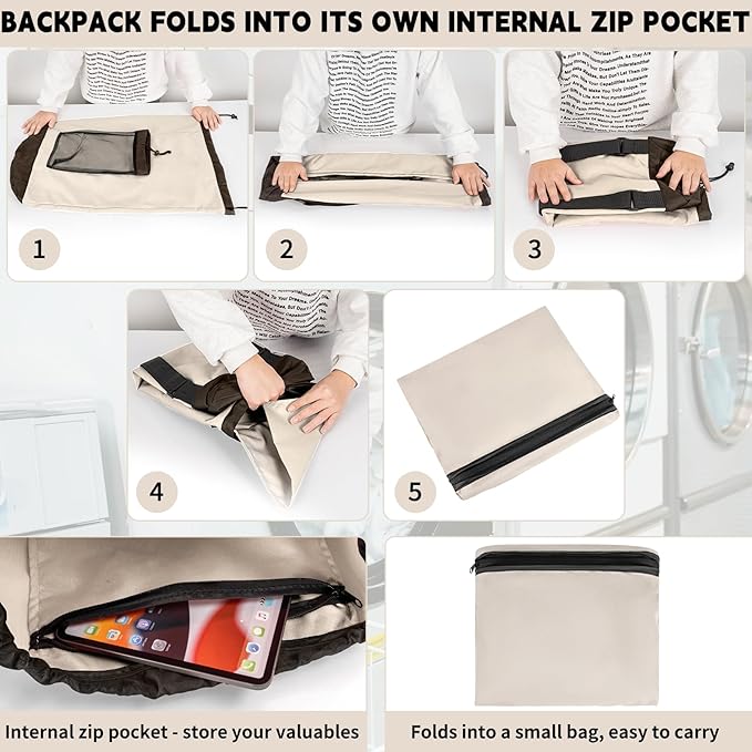 Laundry Bag Backpack with Shoulder Straps and Mesh Pocket Foldable Laundry Hamper for College, Apartment, Laundromat (Grey)