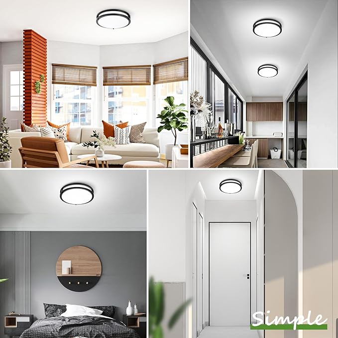 2-Pack 36W LED Flush Mount Ceiling Lights, 3000LM Black Ceiling Light Fixtures, 5 Color in One (2700K/3000K/4000K/5000K/6500K), 12'' Modern Round Ceiling Lamp for Kitchen Hallway Stairwell Offices