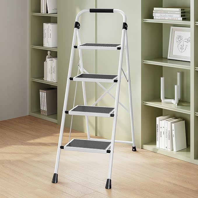 KINGRACK 4 Step Ladder, Folding Step Stool with Anti-Slip and Wide Pedal, Lightweight Stepladder with Handrails, Portable for Kitchen, Household, White