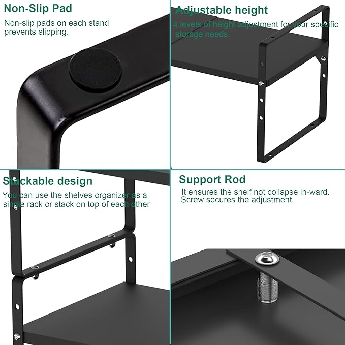 iPEGTOP 2 Pack Expandable Cabinet Storage Shelf Organizer Rack, Heavy Duty Steel Metal Spice Rack Adjustable Height Office Garage Pantry Shelf Space Riser for Counter Kitchen Organization, Black