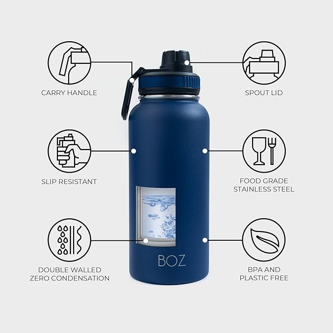 BOZ Stainless Steel Water Bottle - Vaccum Insulated Water Bottle 32 Oz - Wide Mouth BPA Free Sport Water Bottle for Gym with Spout Lid - Thermal Hot & Cold 1 Litre Blue Waterbottle