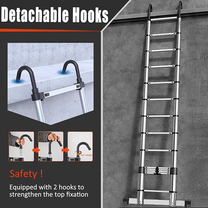 Telescoping Ladder with Hooks 8.5 FT - Aluminum Telescopic Ladder with Stabilizer - Retractable Extension Ladders for Home Loft Roof RV Work with EN131 Certification - 330lbs Max Capacity