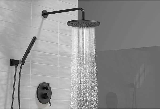 Lava Odoro Modern 2-Setting Round Rain Shower System with Handheld, Matte Black Rainfall Shower Faucet Set Rain Shower Head and Handle Set, Shower Valve Trim Kit, 10 Inch, Matte Black, SF104-MB