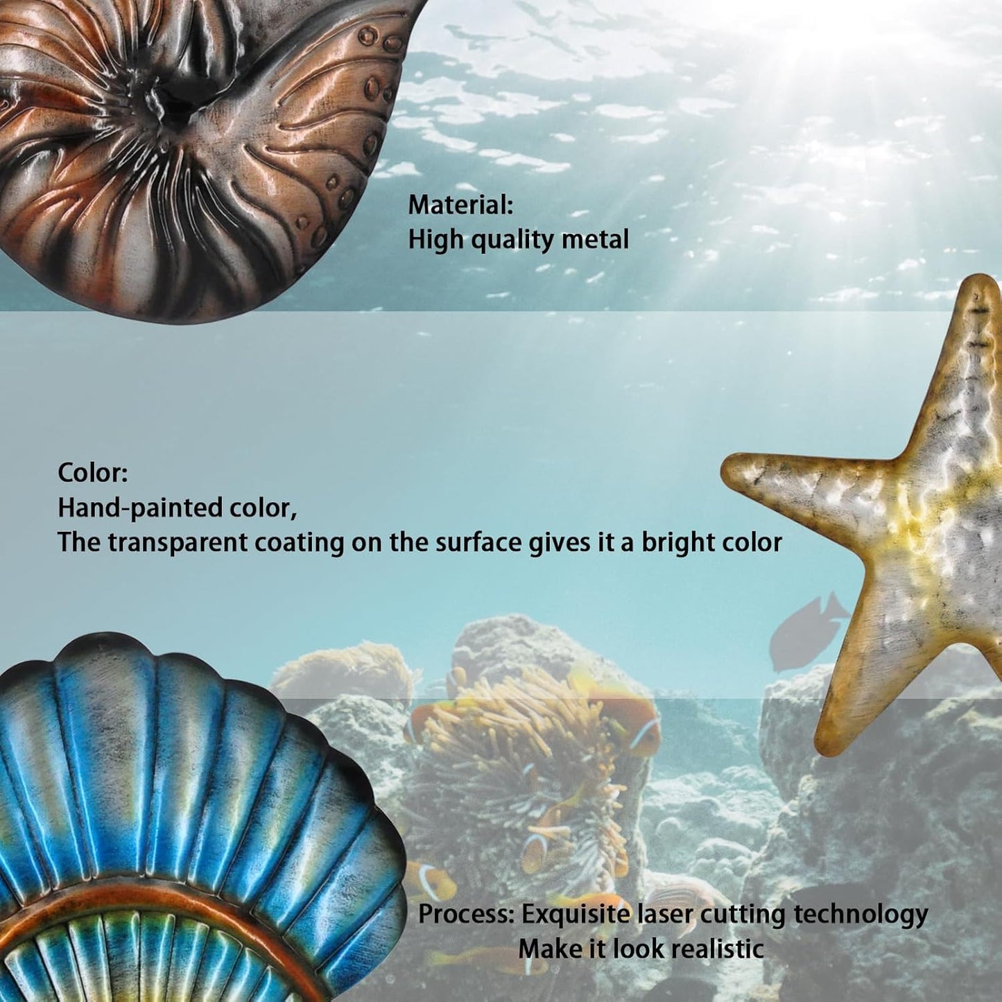 Metal Ocean Wall Sculptures Outdoor Metal Sea Star Conch Wall Art Decor Pool Garden Patio Bathroom Yard Farmhouse Fence Deck