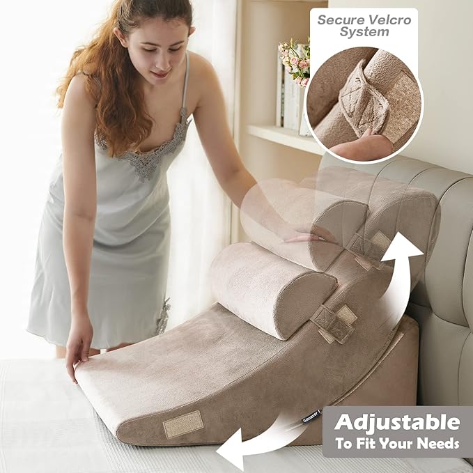 Ganaver 4 Pcs Orthopedic Bed Wedge Pillow Set – Post Surgery, Relaxing, Back & Adjustable Head Support Cushion – Triangle Memory Foam Pillow for Acid Reflux, Sleeping, Reading (Light Brown)